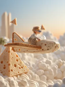A joyful child piloting a jet made from toasted