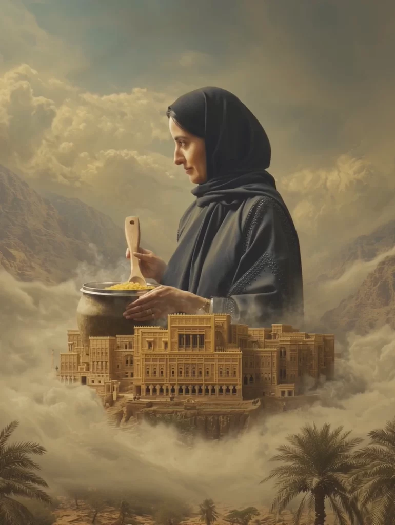 An Emirati woman in a black hijab cooking