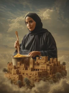 An Emirati woman in a black hijab cooking