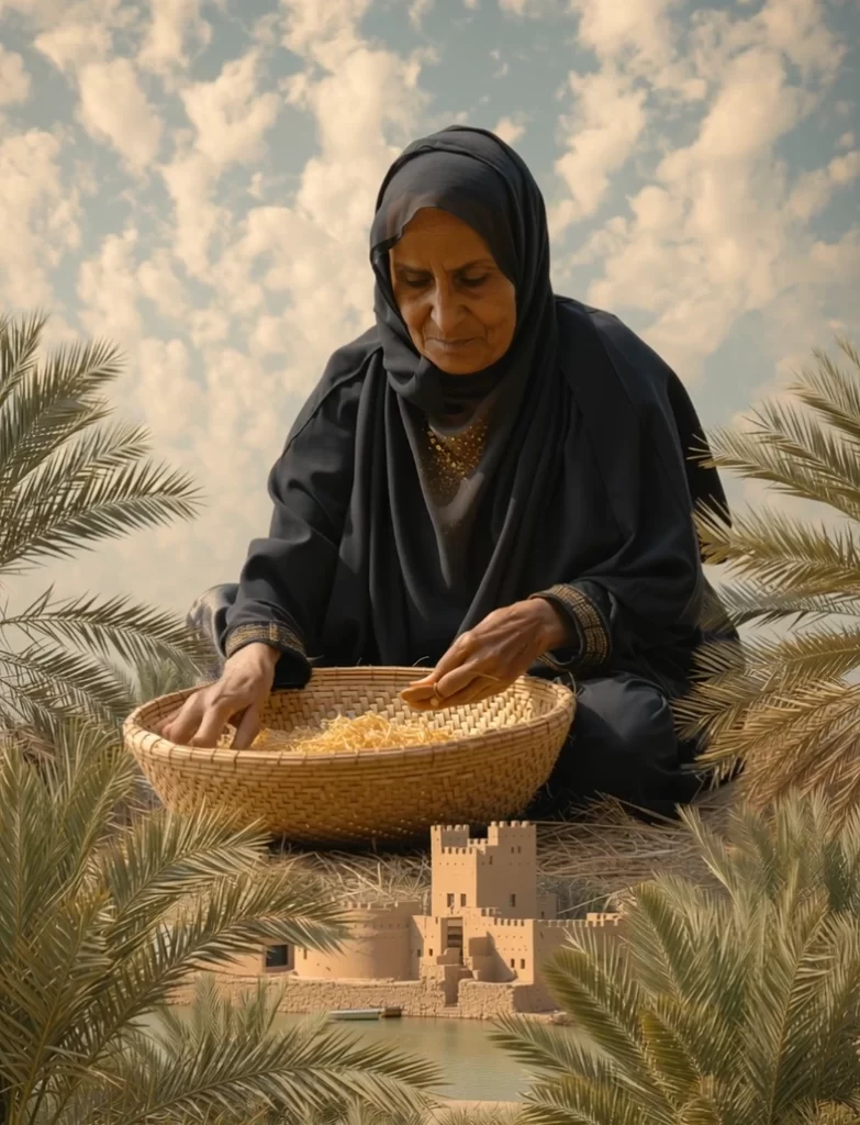 An elderly woman from the UAE weaving a basket