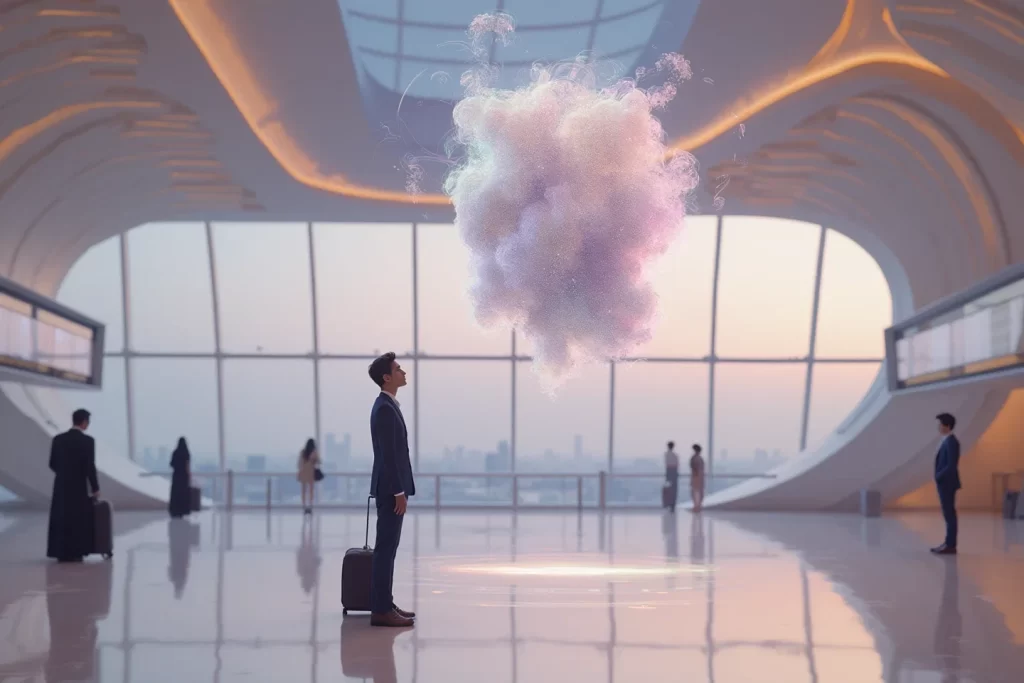 future dubai airport passenger being greeted by an