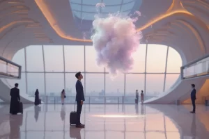 future dubai airport passenger being greeted by an